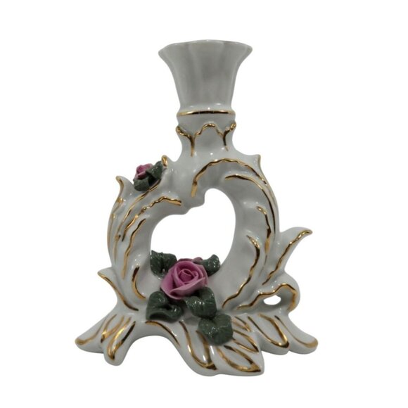 DRESDEN Porcelain Rose Heart CANDLE Holder Gold Accents and Pink Rose Germany Vi - Picture 1 of 10